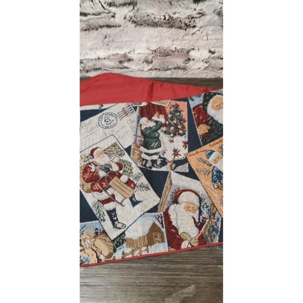 Vintage Blue Christmas Santa Delivering Package Tapestry Table Runner 35" x 12"